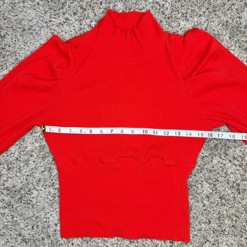 Free People Lala Cropped Puff Sleeve Mock Neck Ribbed Top Red Large L OB861565 - Picture 8 of 9